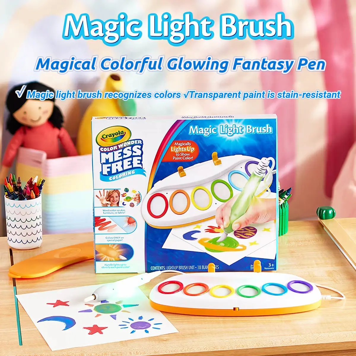 Magic Light Brush, Sensory-Friendly Art Tool with 18 Color-Changing Pages and Glow Brush, for Children with Autism and Sensory Needs, Ages 3+