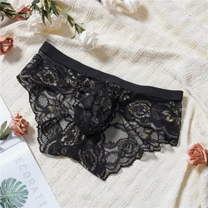 Men’s Black Lace Underwear Floral Sheer Mesh Briefs Soft Breathable Lightweight Low Rise Panties