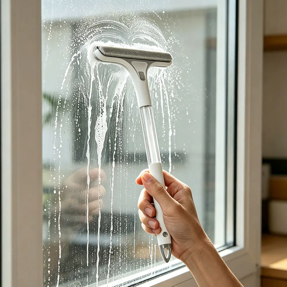 4-in-1 Household Silicone Squeegee Scrubber Combo - Household Cleaning Tool with Blade, Built-in Sponge, for Glass Doors, Mirrors, Shower, Kitchen