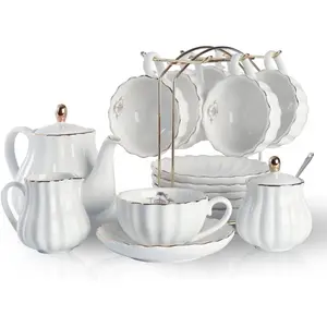 Porcelain  Sets  Royal Series, 8 OZ Cups& Saucer Service for 6, with Teapot Sugar Bowl Cream Pitcher Teaspoons and  strainer for /Coffee, Pukka Home (Pure White)
