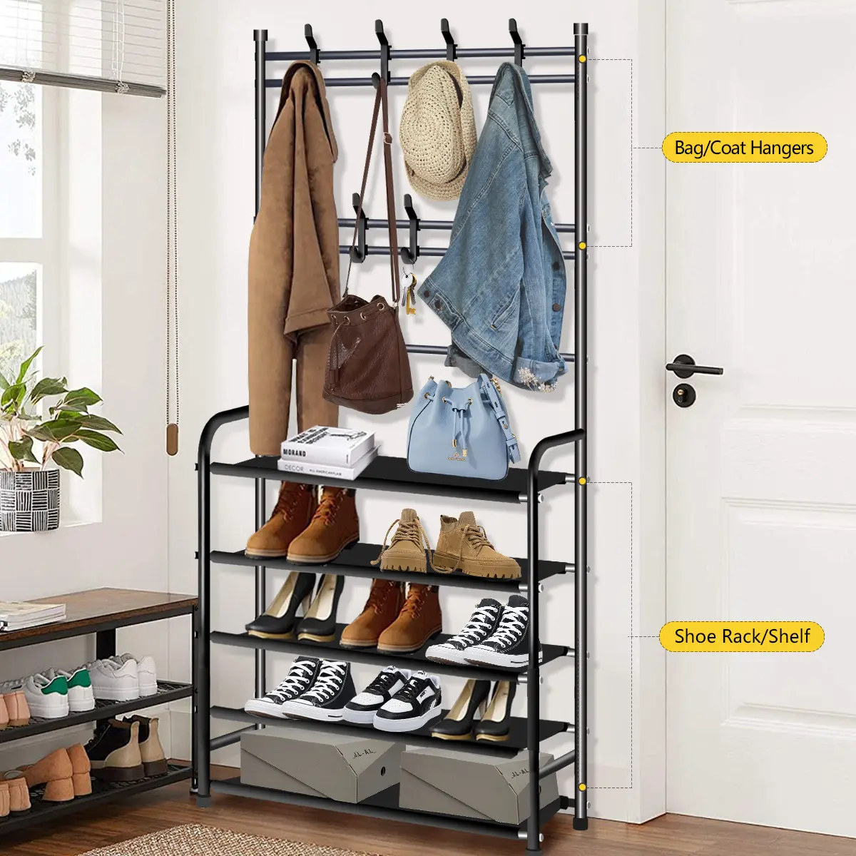 Thick Metal Freestanding Coat Rack - Adjustable Multi-Tiered Vertical Storage, Solid Finish, Portable Collapsible Clothes Hanging Rack with Hooks, Quick-Setup Luxury Entryway Organizer for Front Doors Modern Home Decor