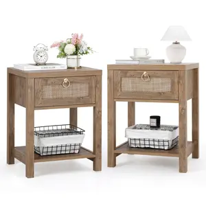VOWNER Handmade Rattan Nightstand Set of 2, Modern Bedside Table with Storage Drawer and Open Wood Shelf, Night Stand for Living Room, Bedroom and Small Spaces, Wood