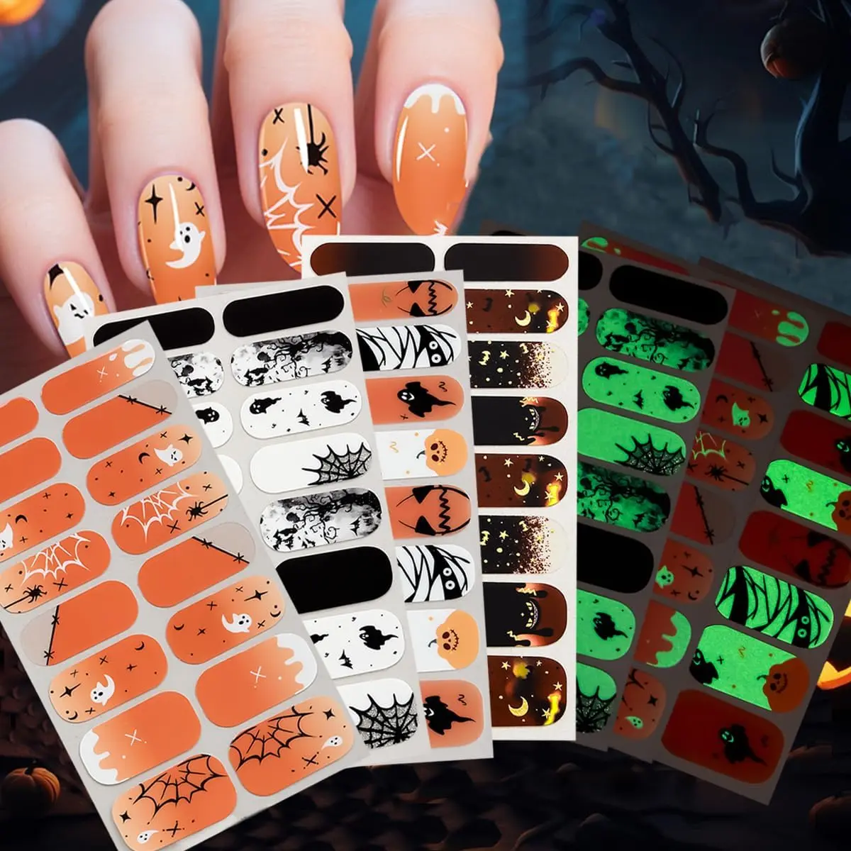 4 Sheets Halloween Gel Nail Strips Goth Pumpkin Ghost Bandage Glow in The Dark Nail Polish Strips Silver Glitter Spider Blood Nail Wraps Stickers Holiday Full Wrap Glossy Nail Art Stickers for Women