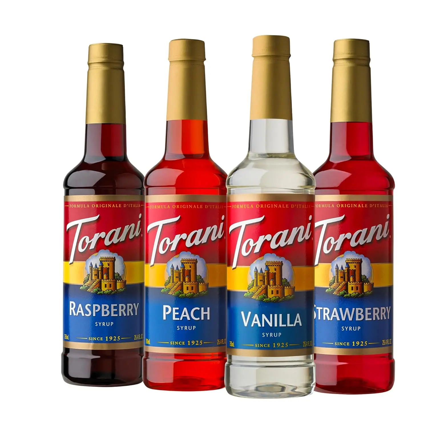 Torani Flavored Drink Syrup Soda Shop Variety, Raspberry, Peach, Vanilla  Strawberry, 25.4 fl oz (Set 4)
