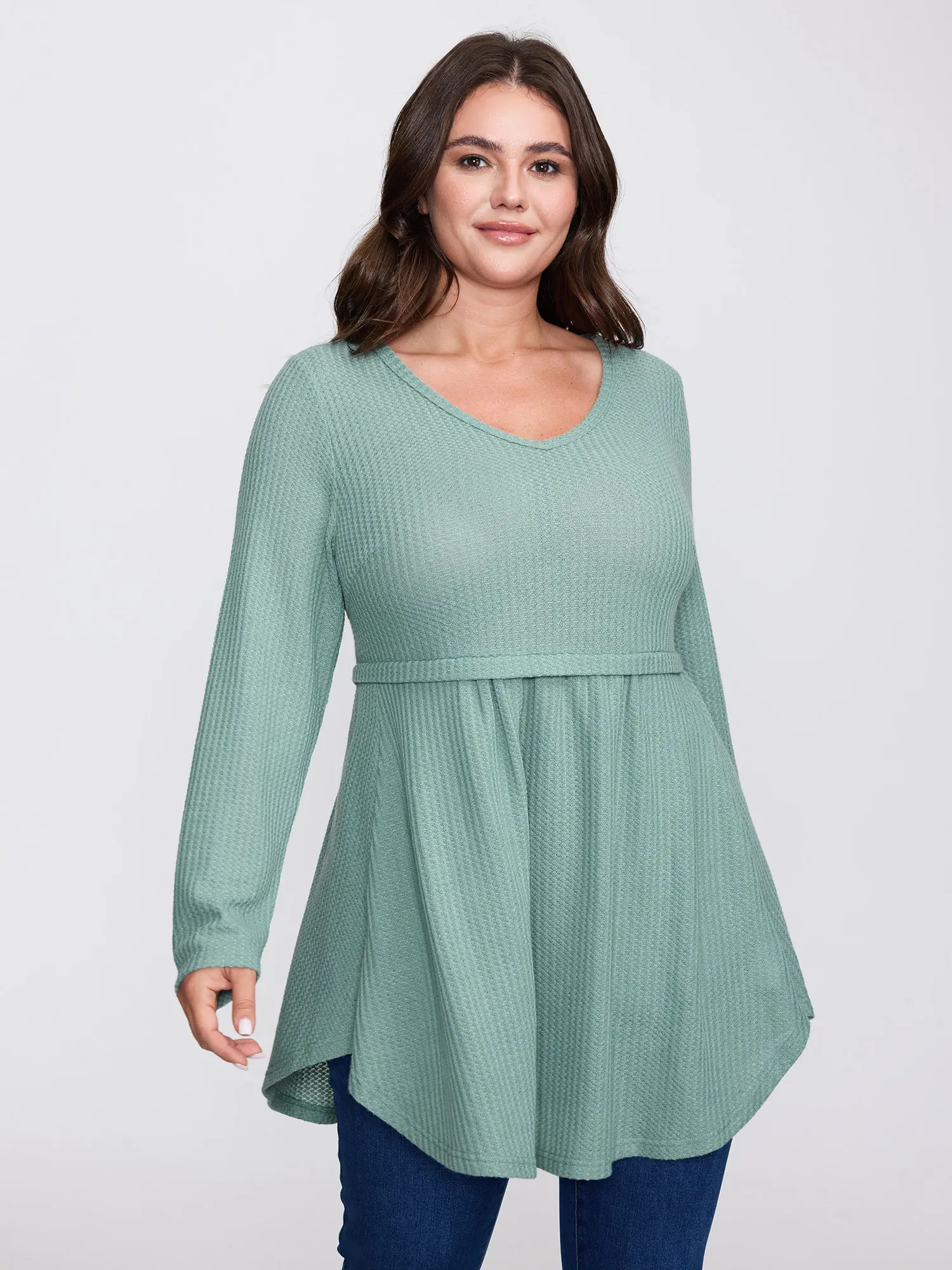 Women's Casual Fit-and-Flare Textured Knit Tunic Top - V-Neck, Long Sleeves, Regular Seam Pockets, Summer Casual Womenswear Knitwear, Seam Pocket, Knitting