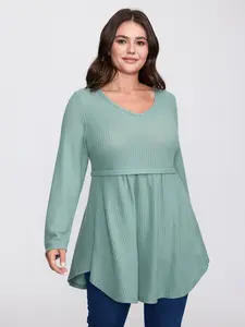 Women's Knitting V-Neck Fitted Long Sleeve Layered Fit-and-Flare Top, Casual Wear with Pocket and Print Swimweek