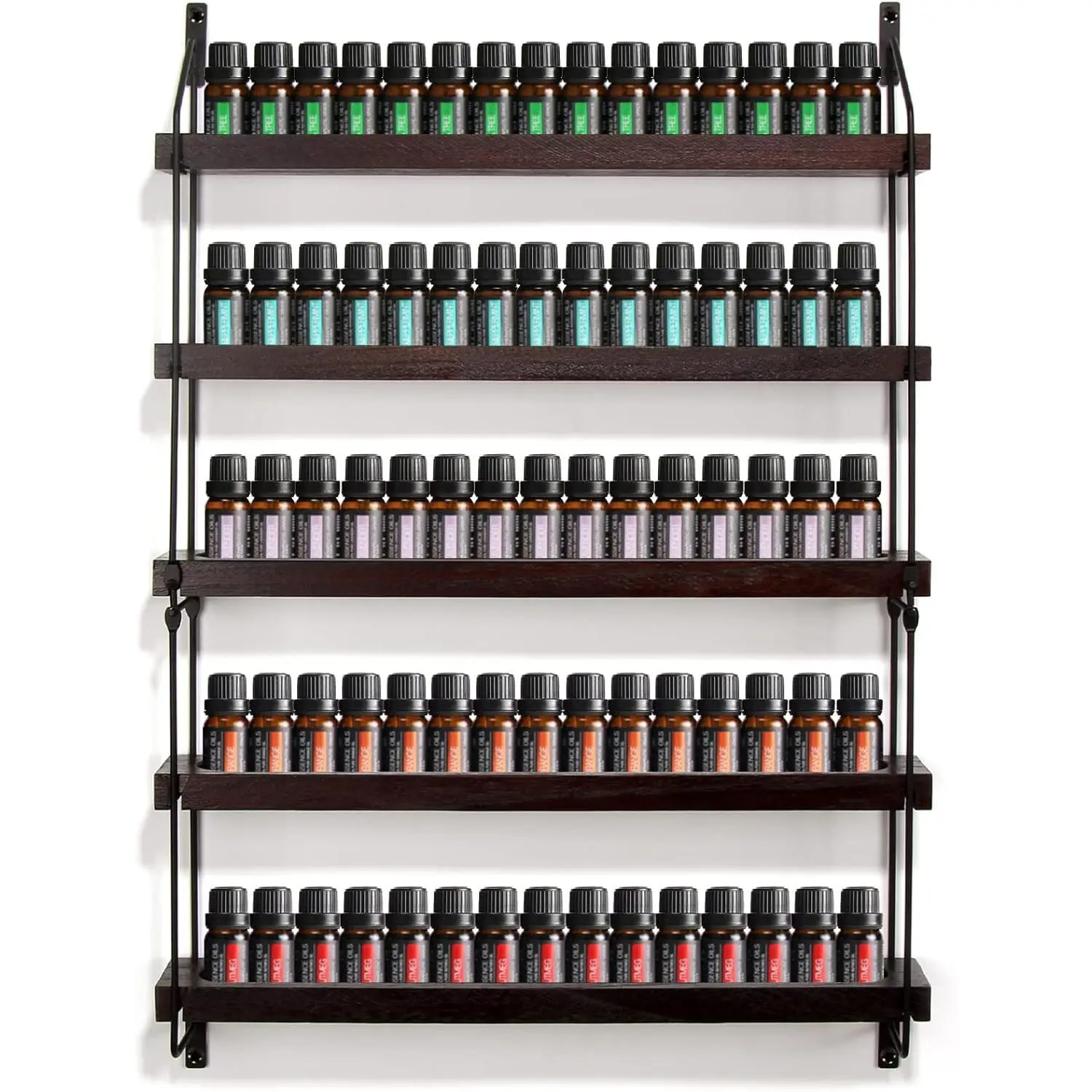Wooden Wall-Mounted 5-Tier Durable Storage Shelves - Decor-Friendly Metal-Accent Home Supplies Organizer for Organized Essential Oils, Beauty Products in Rooms (Fits 75 Bottles)