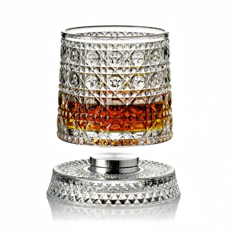 European Luxury 360° Rotating Lead-Free Crystal Whiskey Tumbler - Star Cut Facets, Diamond Faceted Design, Spins Smoothly, Premium Traditional Rotating Whiskey Glass, Unique Barware Gift for Whiskey Lovers relief whiskey