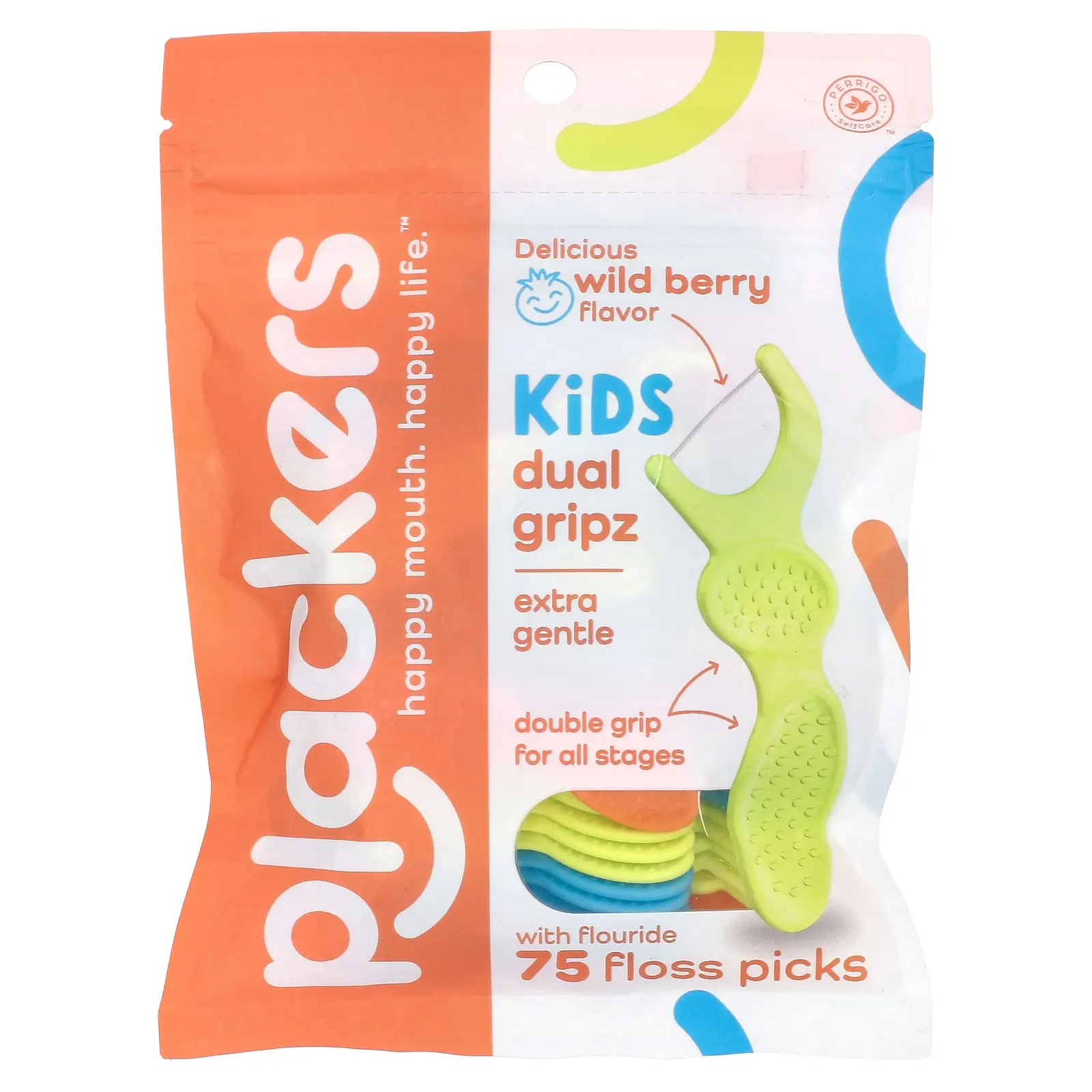 Plackers Kid's Dual Gripz, Extra Gentle with Fluoride, Wild Berry, 75 Floss Picks