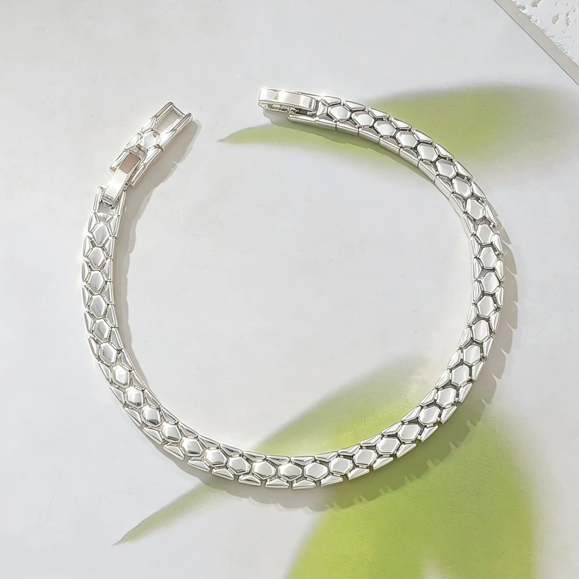Silver Plated Solid Copper Hexagonal Honeycomb Scale Chain Bracelet, Smooth Polished Snake Scaled Link Wrist Bangle, Elegant Stackable Fashion Jewelry Gift for Ladies Birthday Anniversary