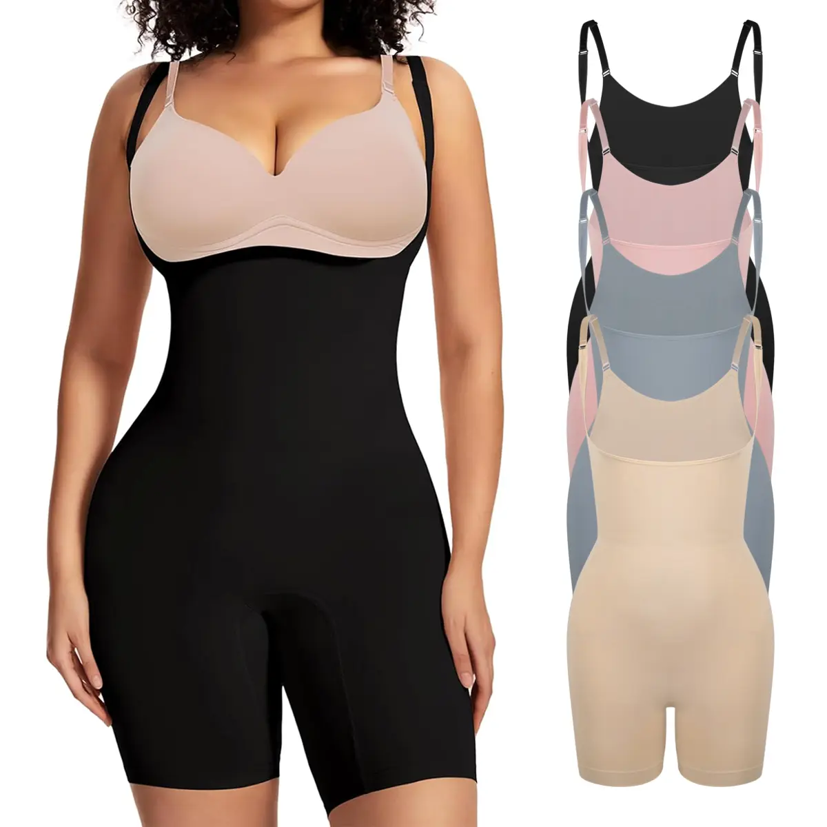 Women's Plus Size Shaper Bodysuit, Soft Open-Bust Mid-Thigh Design with Tummy Control and Butt Lifter Compression, Basic, Casual, Plus Size Fashion, Lady