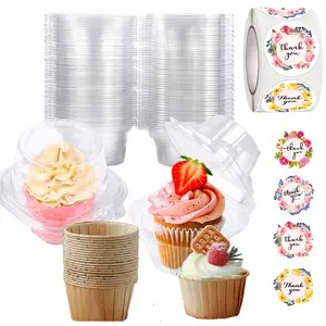 Cupcake Holders Individual,Clear Plastic Single Muffin Holders Case,50 Pcs disposable cupcake packaging boxes + cups + stickers, transparent single tiramisu trays, tart muffin cups, baking blister boxes, suitable for parties, gatherings, and wedding