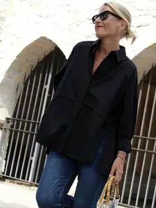 Plus Size Women's Solid Loose-Fit Long Sleeve Blouse, Casual Shirt with Split Hem, Non-Elastic Fabric, All-Season Versatile Top