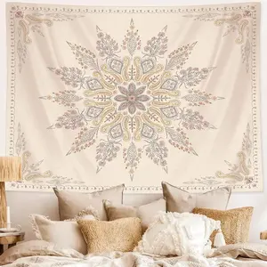 Bohemian Tapestry Wall, Beige White Floral Tapestry with Medallion Print Bedroom Boho Home, WhiteSimple, Small 50*60 inches
