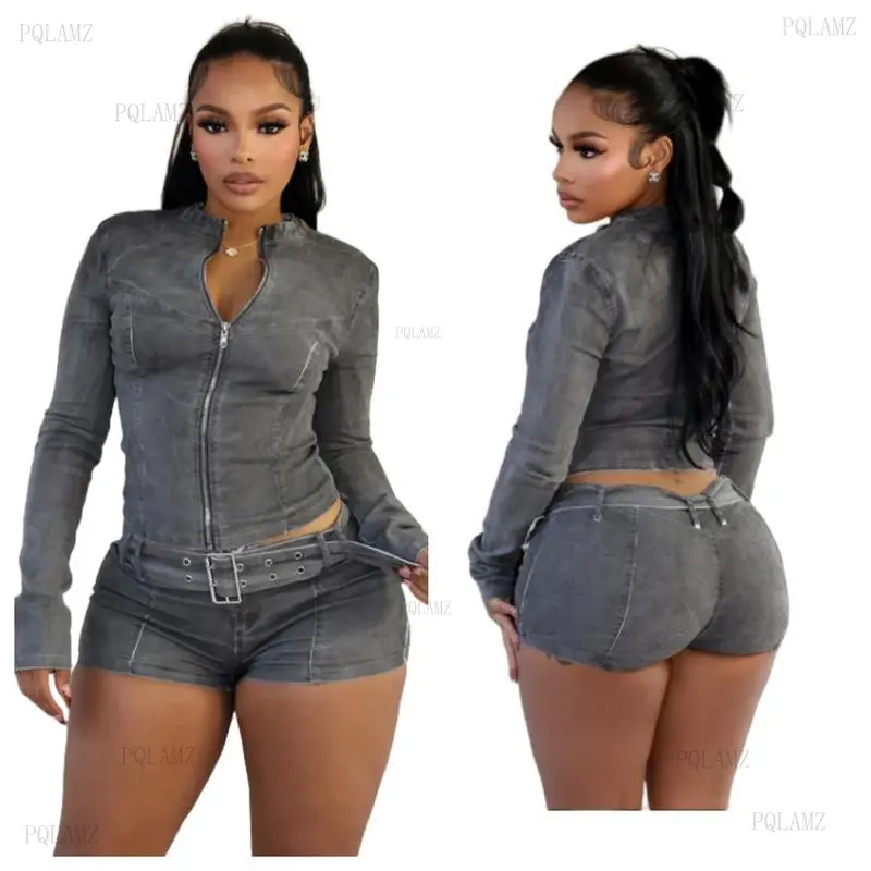 Denim Shorts SetIn Stock Long Sleeve Elastic Shorts Belt Set Clothes Casual