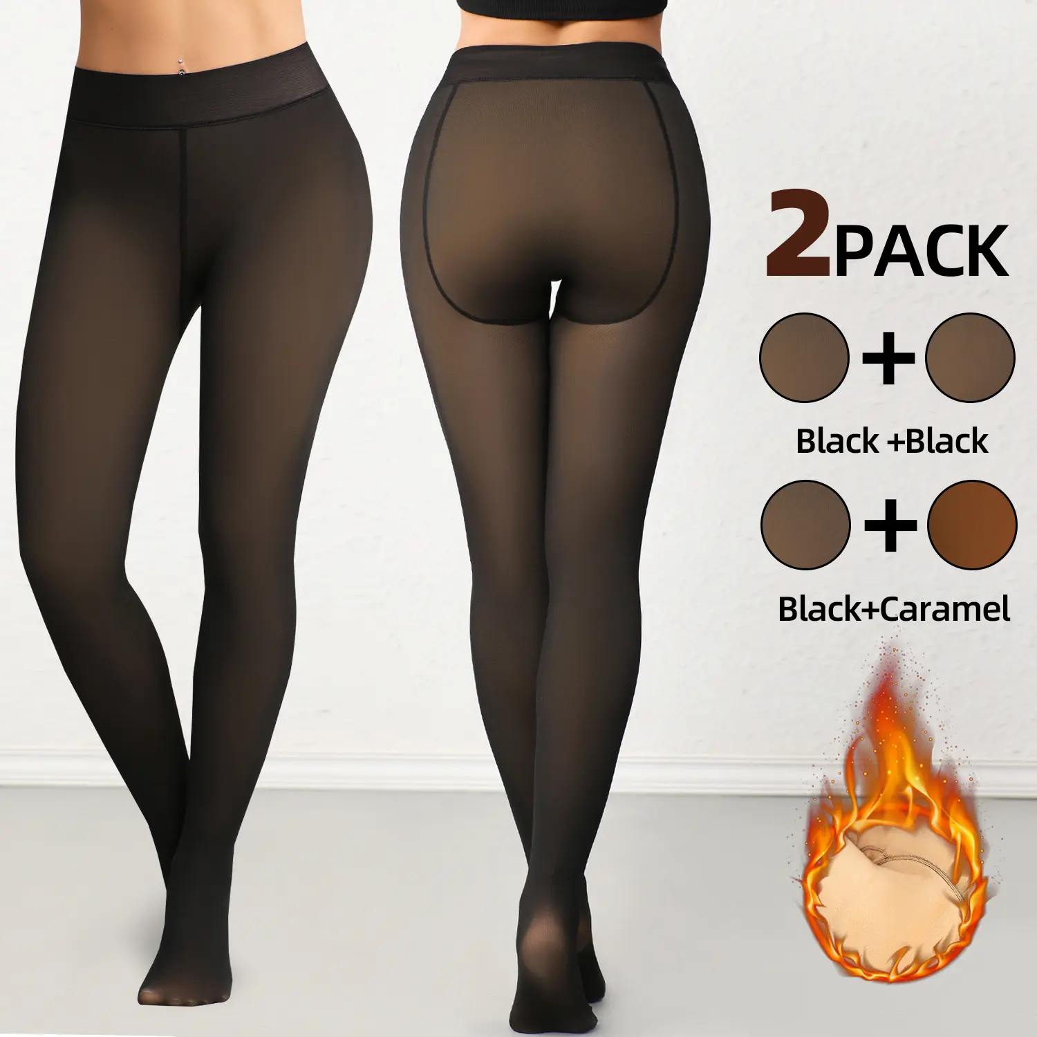 CHRLEISURE 2PACK Fleece Lined Tights Sheer Women - Fake Translucent Warm Pantyhose Leggings Sheer Thick Tights for Winter