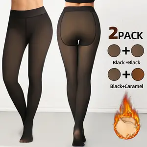 CHRLEISURE 2PACK Fleece Lined Tights Sheer Women - Fake Translucent Warm Pantyhose Leggings Sheer Thick Tights for Winter