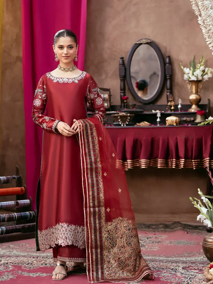 Women's 3-Piece Pakistani Silk Formal Suit - Ready-to-Wear Chic Party Dress with Sequin Embroidery Shirt, Palazzo Pants, Lace Organza Dupatta, Screen Printed Scallop Details