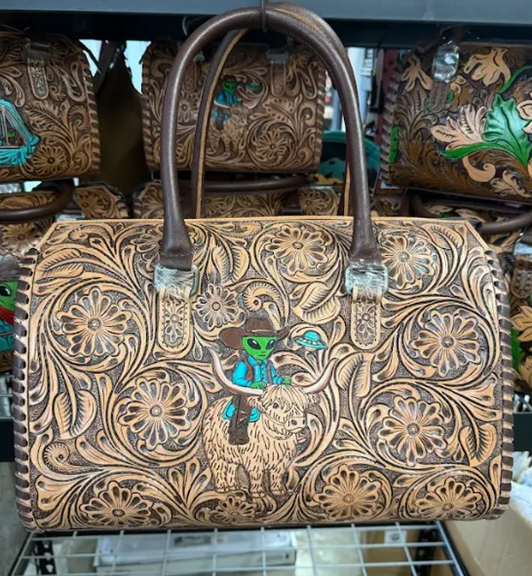Genuine hand tooled & painted speedy bag- Alien riding highland cow