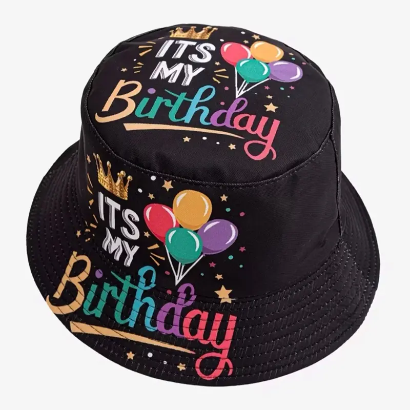 Happy Birthday Black Bucket Hat - 100% Polyester Woven Fabric, Lightweight Sun Protection, Unisex Design for Party & Outdoor Activities