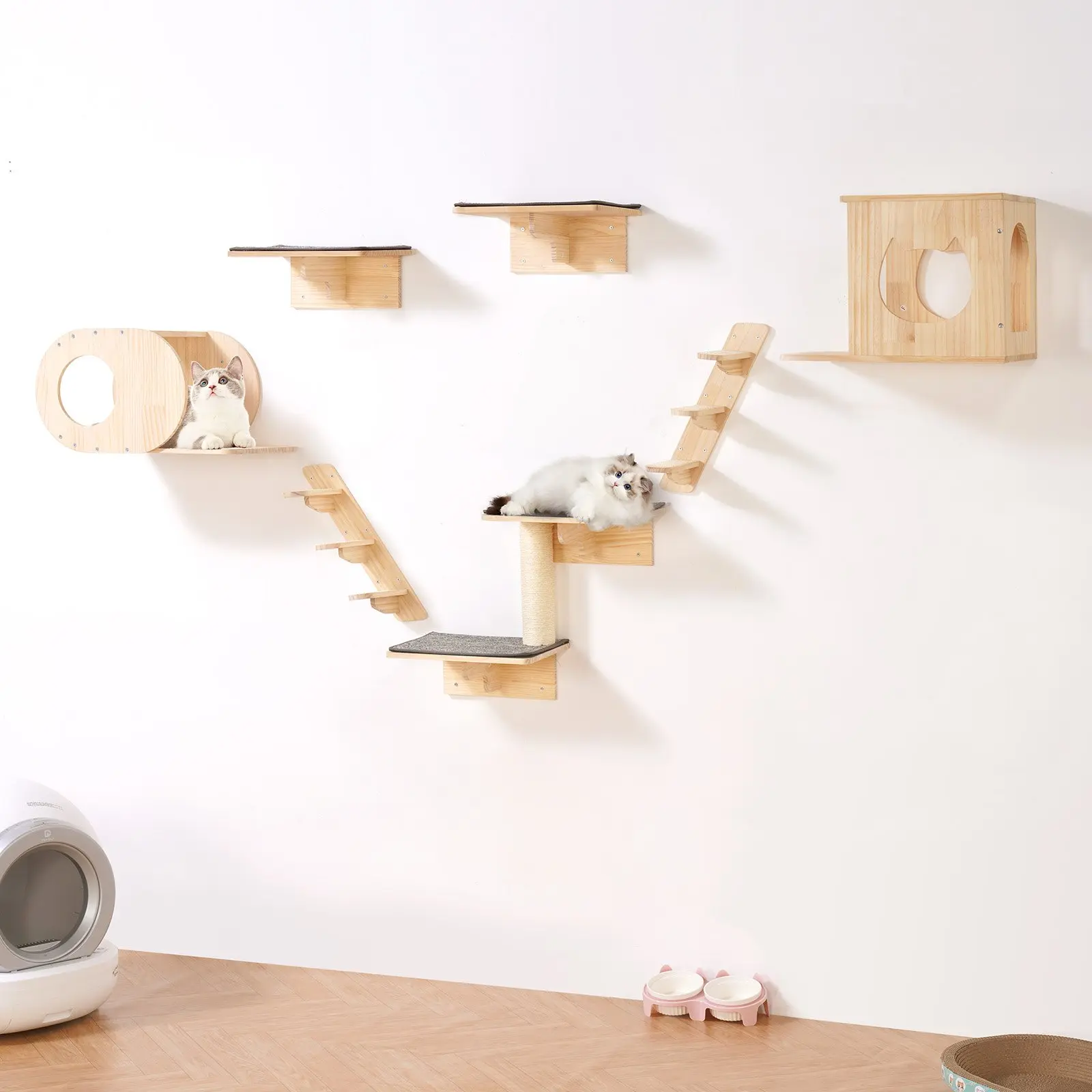 【Summerfinds】VEVOR Wall Mounted Cat Shelves, Cat Wall Shelves and Perches with Jumping Boards,  Cat Beds, Hammocks & Cat Tree, Cat Furniture and Shelves up to 40 lbs for Sleeping, Playing, Climbing, Set of 7 Kitten Apartment