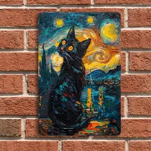 Vibrant Starry Night 1pc Black Cat Oil Painting - Retro Van Gogh-Inspired Durable Iron Wall Art, 8x12 Inches -valentine's gift for bfwall decor flags
