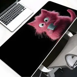 Pink-Furred Cute Cat Holding Cup Healing Style Gaming Desk Mat, Desktop Decoration Protection Pad, Rubber Non-Slip Lock Edge Multi-Sized Pad, Non Slip Mousepad, Suitable For Laptop Desktop Gaming Work Home, Ideal Gift For Family And Friend