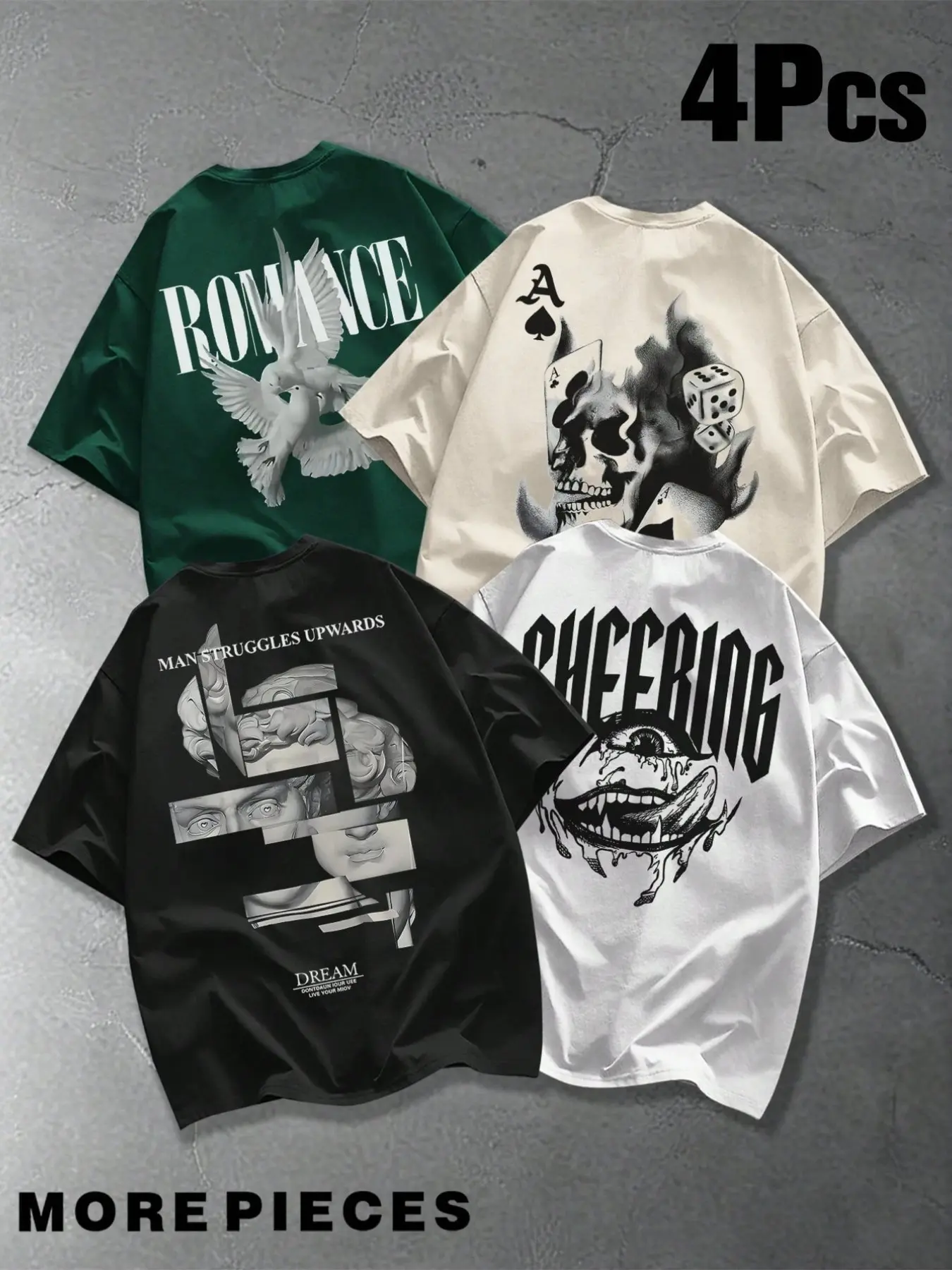 4-Pack Men's Oversized Graphic T-Shirts Bundle - Vintage Streetwear Heavyweight Fabric Tees with Gothic Dove & Skull Prints, Retro Y2K Loose Fit Drop Shoulder Tops for Casual Urban Outfits, Menswear, Casual Streetwear Style