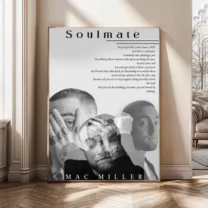 [NO FRAME] Mac Miller Soulmate Quote, Canvas/Paper, Black & White Artistic Portrait, Music Fans, Minimalist Home Decor.