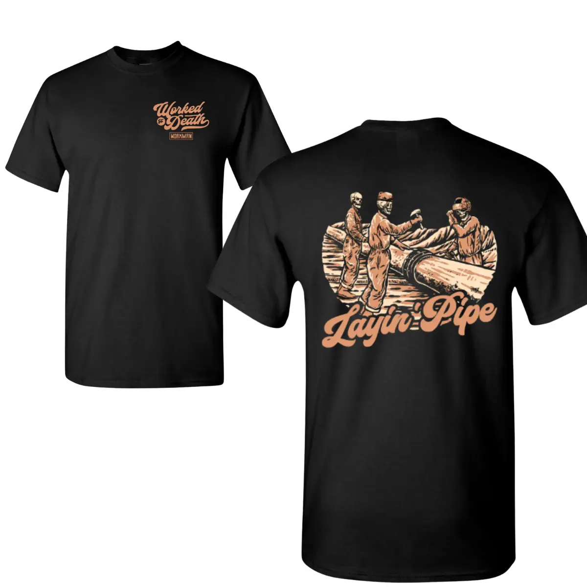 Worked To Death Layin’ Pipe T-Shirt, 2 Sides Vintage Work Crew Graphic, Pipeline Labor Theme, Soft Cotton Blend Shirt, for Men & Women