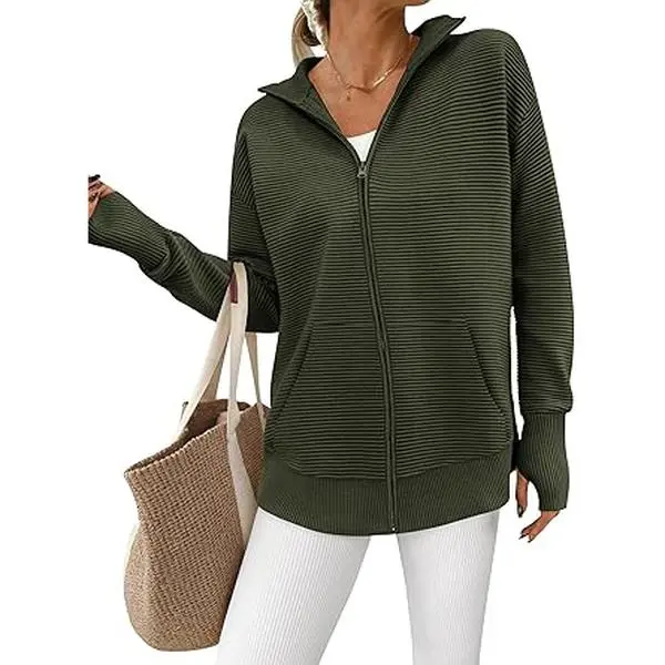 PrettyGarden Womens Fall Long Sleeve Zip Up Cardigan Sweaters [With Pockets] Casual Loose Collared Ribbed Knit Tops Jackets Thumb Hole