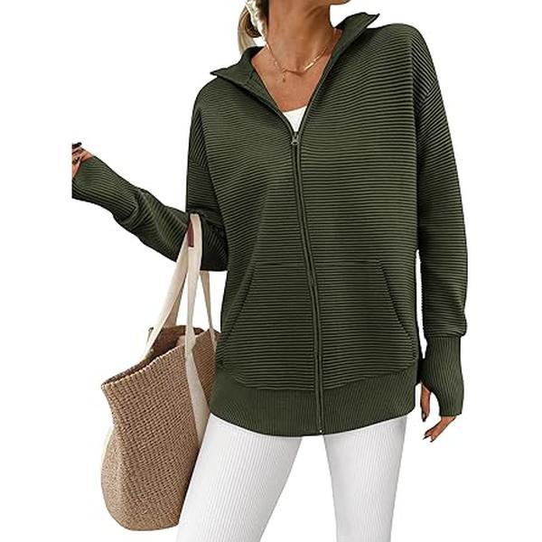 PrettyGarden Womens Fall Long Sleeve Zip Up Cardigan Sweaters [With Pockets] Casual Loose Collared Ribbed Knit Tops Jackets Thumb Hole