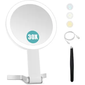 30x/1x Magnifying Travel Mirror with Light,-Sided Brightness 3 Colour Lighting, Folding,/Hangable/Tabletop, 3 Ways Using Mirror, White