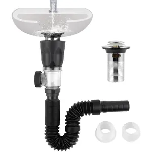 Bathroom Sink Drain Kit, Flexible P-Trap Drain Pipe with Pop Up Stopper, Expandable Bathroom Sink Pipe Replacement with 2 Adapters, Fits 1-1/4'', 1-1/2'', 2" Holes, Hair Catcher, Chrome