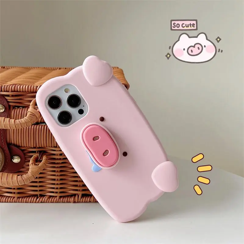 3D Cute Pig Silicone Cartoon Phone Case with Handheld Holder - Drool-Proof Mobile Phone Accessories for iPhone 17 Pro Max,16,15,14,13,12,11,X,XS,XR,6,7,8 Plus,SE,Mini Device Protection Casing
