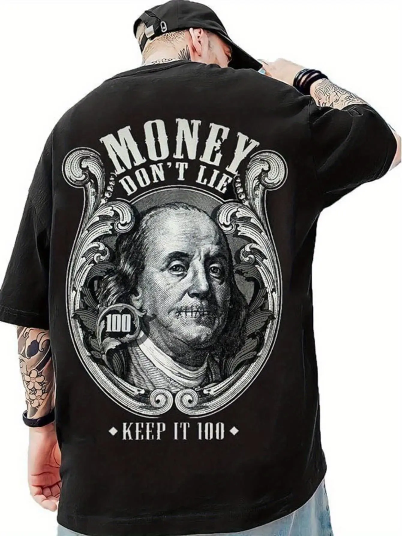 Big & Tall  Cotton T-Shirt with Benjamin Franklin $100 Bill Print - Currency Design Money Don't Lie Keep It 100 Graphic Tee, Plus Size Casual Streetwear Gift for Currency Fans (Machine Washable), PLUS SIZE