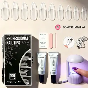Nail Tip Set — Includes 100 Almond-Shaped Nail Tips, 2 Tubes of Crystal Tip Adhesive (20g each), and a Press-Activated UV Nail Lamp.