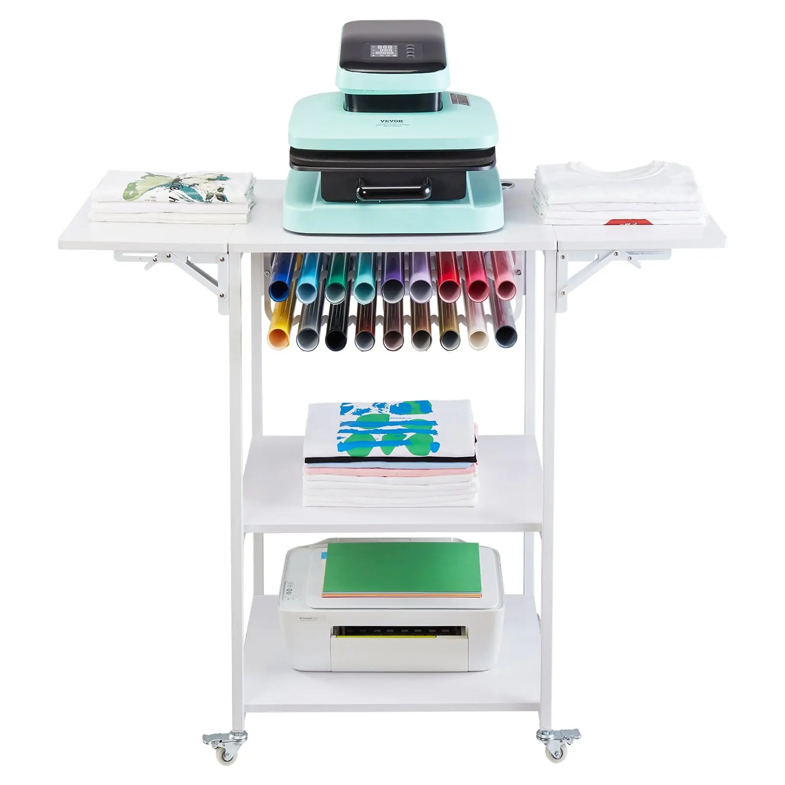 【DealsForYouDays】VEVOR Heat Press Table, 3 Tier Movable Heat Press Stand, Foldable Heat Transfer Machine Stand with Wheels and Vinyl Roll Holder, Rolling Metal Workbench for Sublimation Transfer Machine, White