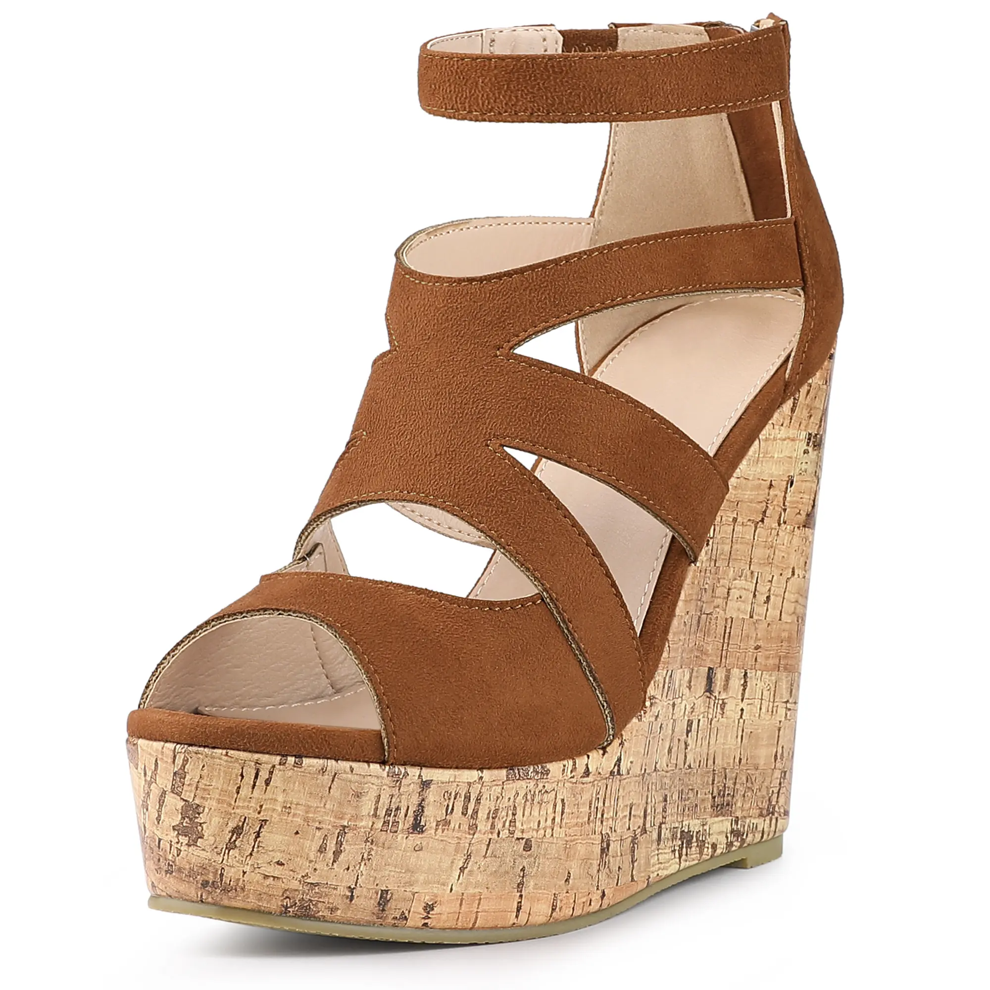 BLISSFUL STEP Platform Peep Toe Cutout Caged Cork Wedge Heel Sandals