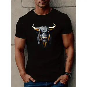 Men's Bull Head Printed T-Shirt, Crew Neck Short Sleeve Summer Top, Machine Washable Daily & Casual Wear