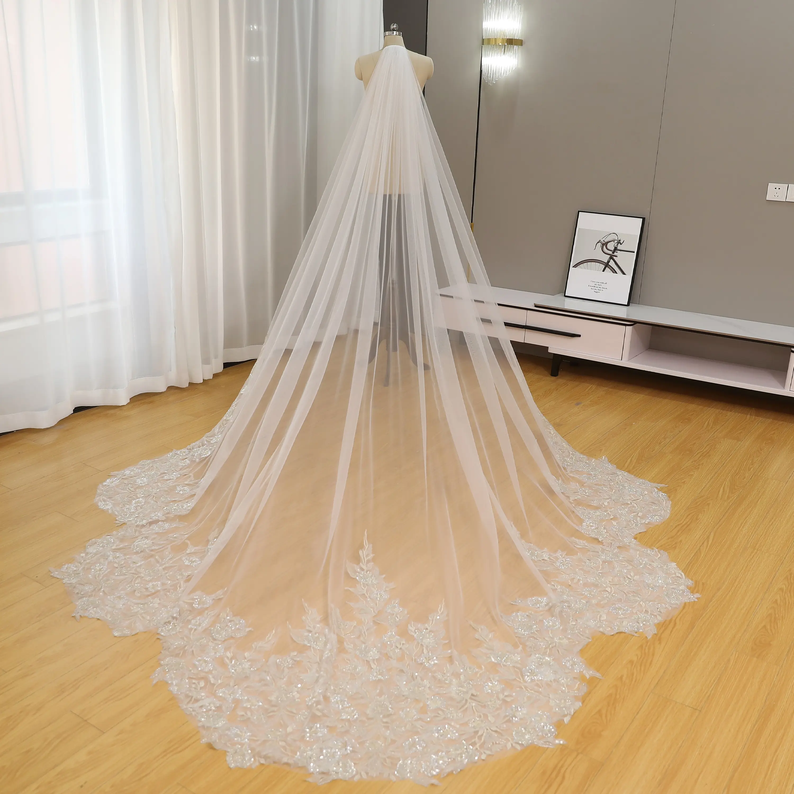 Shiny Beads Sequin Floral Lace Regular Tulle Wedding Veil, Cathedral Length One Tier
