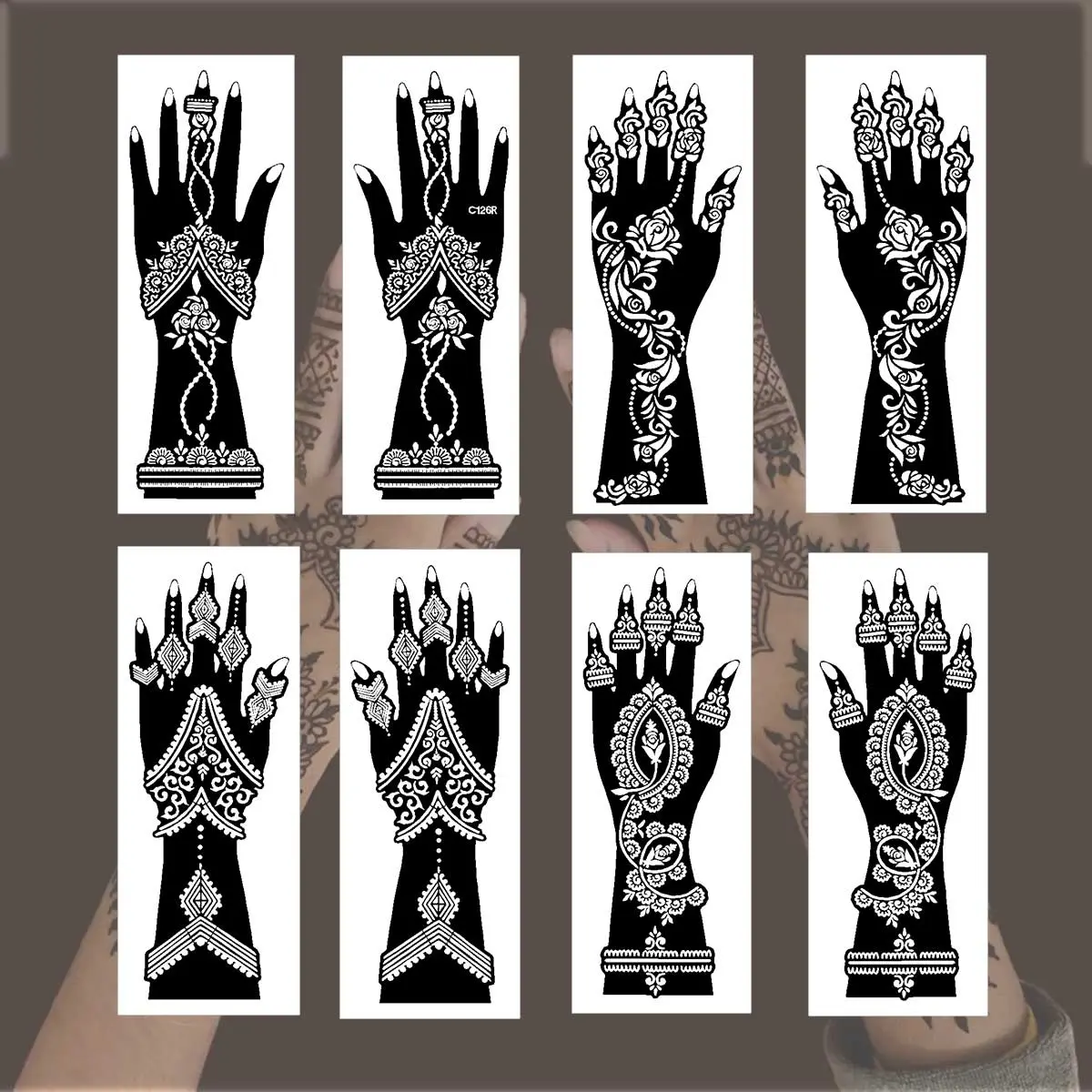 Hollow Out Hand Tattoo Stencil, 8 Counts/set DIY Henna Temporary Body Art Stencil, Easy To Apply, Unique Design for Creative Expression, Wedding Day Decoration