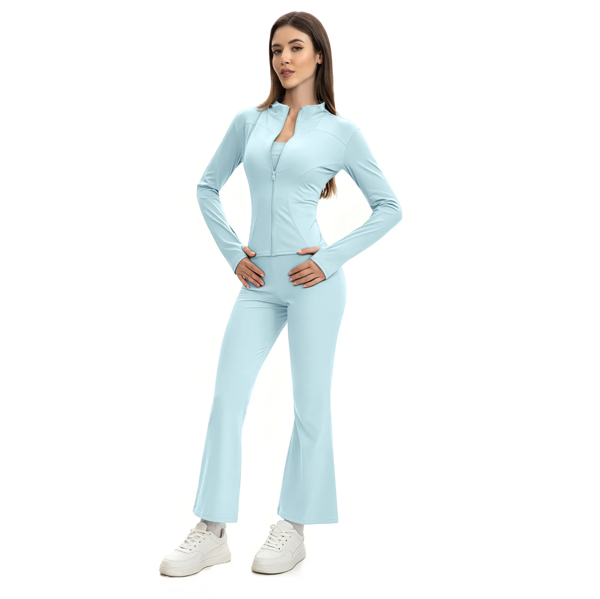 Women's 2-Piece Tracksuit Set with Sculpting Seaming, Soft Stretch Slim Fit Zip-Up Jacket with Thumb Holes & High Waist Flare Leg Yoga Pants, Two Piece Set