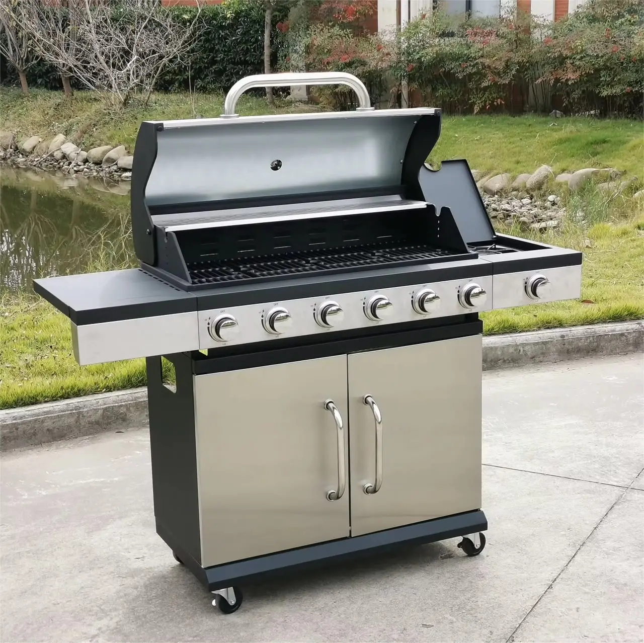 6-Burner Propane Gas BBQ Grill with Side Burner & Porcelain-Enameled Cast Iron Grate or Outdoor Kitchen & Backyard Barbecue, 65,