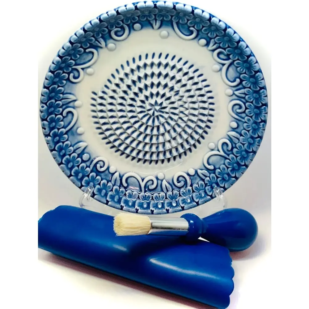 All-in-one 4 pcs Premium Ceramic Garlic Grater Set-Glazed Design Grater Plate with Garlic Peeler, Gathering Brush, Display Stand. Also for Grating Turmeric, Ginger, etc.