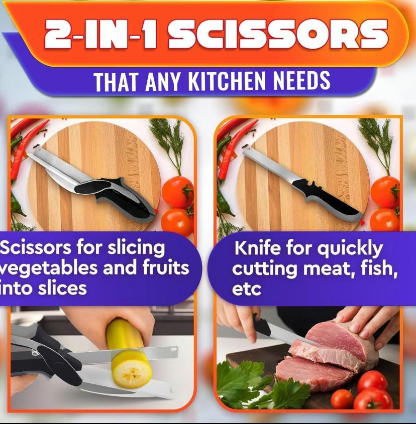 2-in-1 Kitchen Scissors with Built-In Cutting Board, Stainless Steel Food Shears with Safety Lock, Easy Cutter for Meat, Chicken, Vegetables, Fruit and Cheese