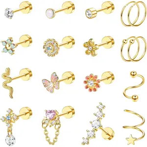 MILACOLATO 18PCS Cartilage Earring Stud for Women Surgical Steel Flat Back Earrings Couch Hoop Piercing Opal Flower Sanke Helix Tragus Piercing CZ Cartilage Earring Piercing