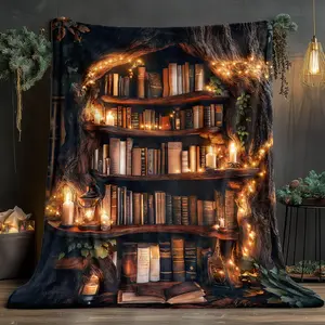 Tree hole bookshelf design blanket - lightweight all season soft warm blanket with digital printed bookshelf and book patterns, suitable for sofas, beds, camping, travel - machine washable lightweight blanket, suitable for indoor and outdoor use