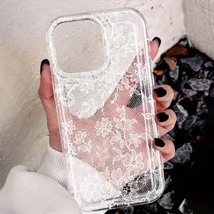 White lace pattern, lace floral design, shockproof and anti-slip TPU transparent phone case with large lens cutout, suitable for iPhone 17, 16, 15, 14, 13, 12, 11, XS, X and other series models. Can be given as a gift to friends or family.