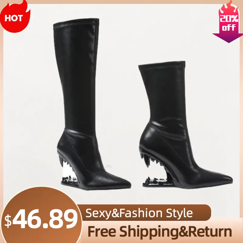 Women's Black High Heel Knee-High Boots - Pointed Toe, Tiger Heel Design Footwear for Daily Wear Needs, Heels